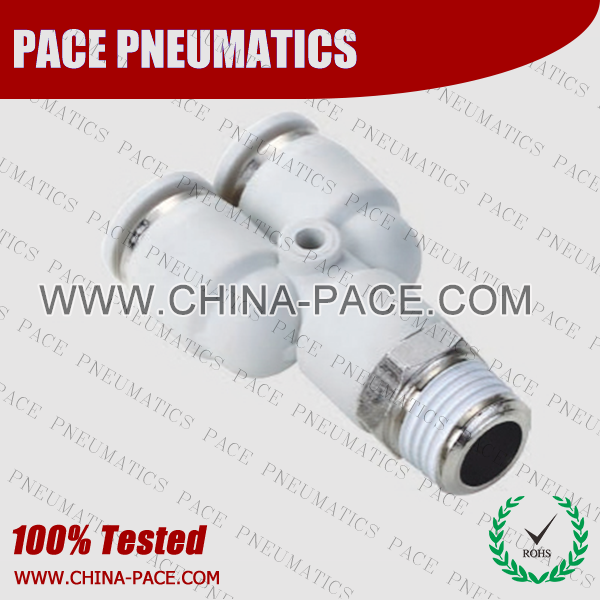 Male Y Grey Color Pneumatic Fittings, White Push To Connect Fittings, Air Fittings, white color push in fittings, Push In Air Fittings, Composite Push In Fittings, Polymer push to connect Fittings, Air Flow Speed Control valve, Hand Valve, pneumatic component